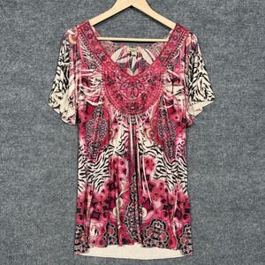 One World Size Large Top Blouse Red Embroidered Liquid Knit V Neck Flared Sleeve
